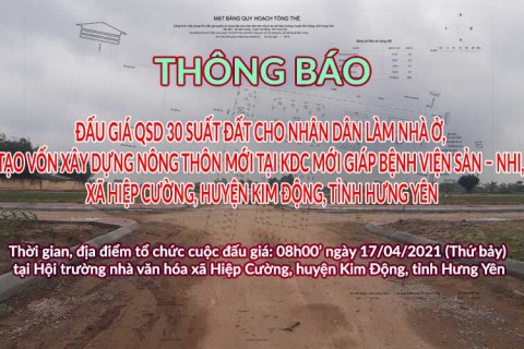  Đấu giá QSD 30 suất đất ngày 17/04/2021 tại xã Hiệp Cường, Kim Động, tỉnh Hưng Yên