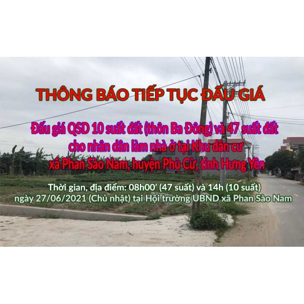 Thông báo tiếp tục tổ chức 02 phiên đấu giá tại xã Phan Sào Nam huyện Phù Cừ
