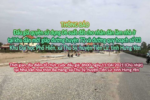  Đấu giá QSD 06 suất đất ngày 11/04/2021 tại xã Thủ Sỹ, H.Tiên Lữ, tỉnh Hưng Yên