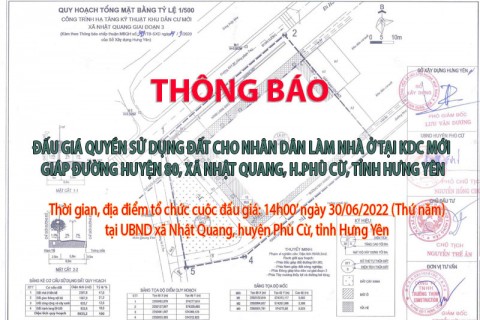 Đấu giá QSD 03 suất đất xã Nhật Quang 14h ngày 30/06/2022 tại UBND xã Nhật Quang huyện Phù Cừ, tỉnh Hưng Yên