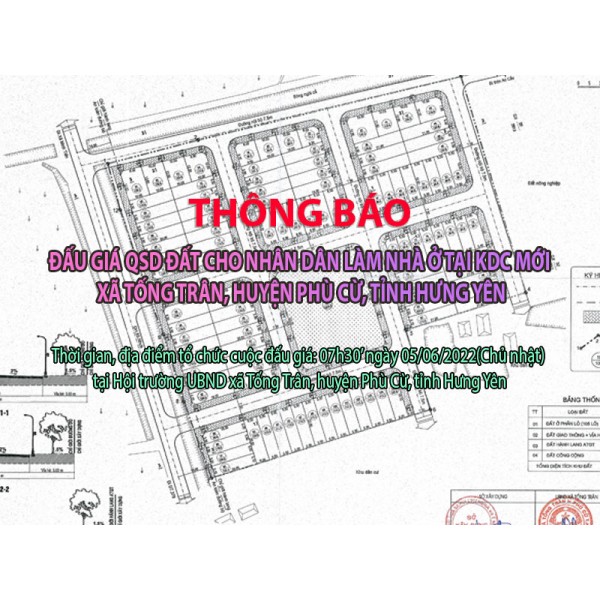 Đấu giá QSD 105 suất đất ngày 05.06.2022 cho nhân dân làm nhà ở tại xã Tống Trân, huyện Phù Cừ, tỉnh Hưng Yên